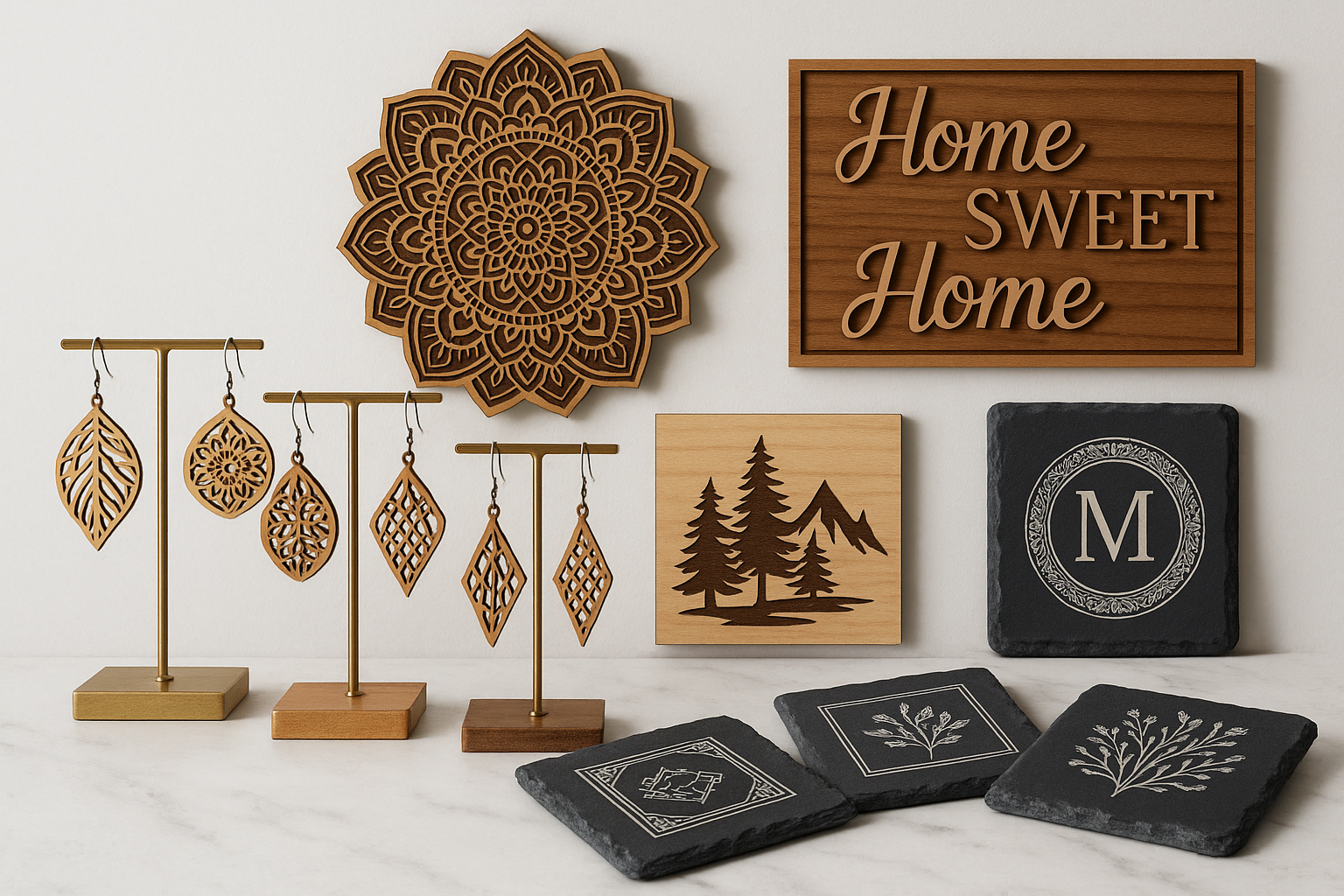 earrings, wall decor, slate coasters